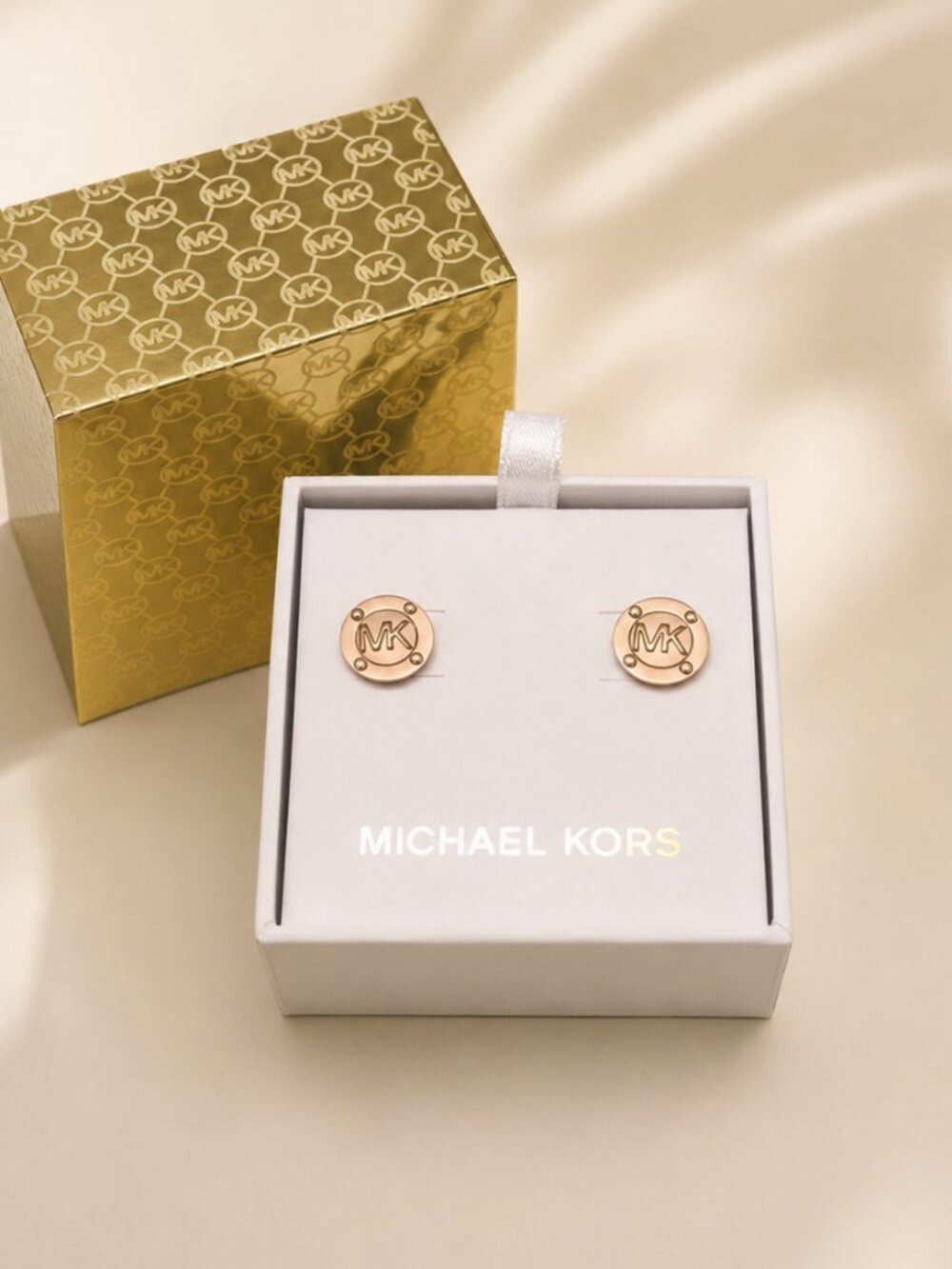 Michael Kors MK Logo Disk Stud Earrings Rose Gold Tone 14mm Authentic